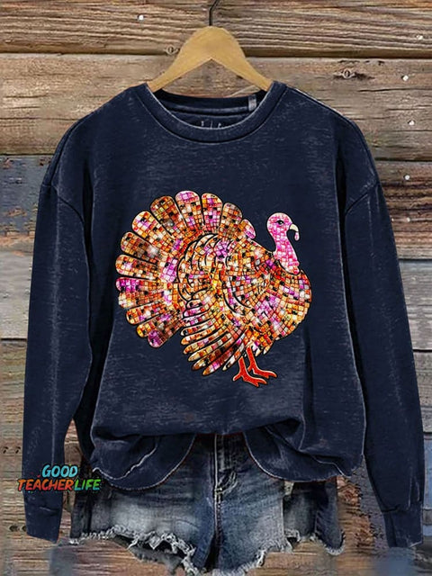 Thanksgiving Turkey Disco Ball Thanksgiving Casual Print Sweatshirt
