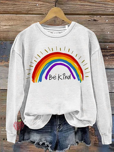 Be Kind Rainbow Stripe Casual Print Sweatshirt