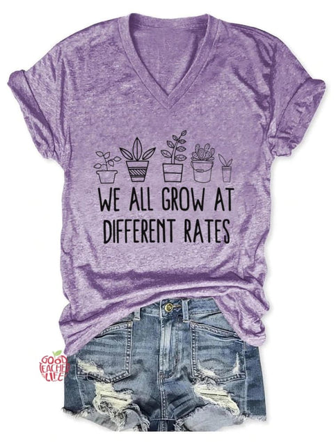 Women's We All Grow At Different Rates Teacher V-neck T-shirt