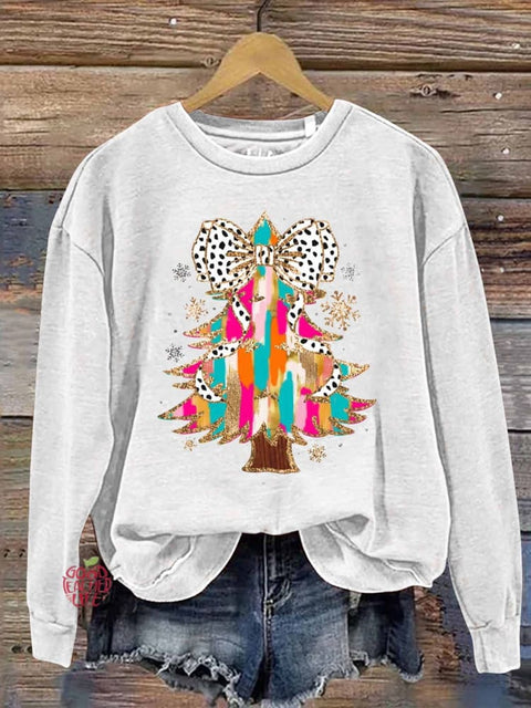 Retro Colorful Coquette Glitter Christmas Tree Print Sweatshirt