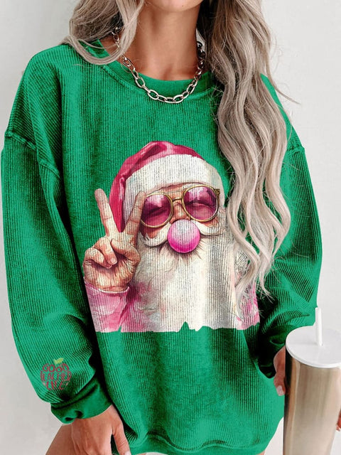 Women's Retro Santa Christmas Blowing Bubble Christmas Casual Print Shirt