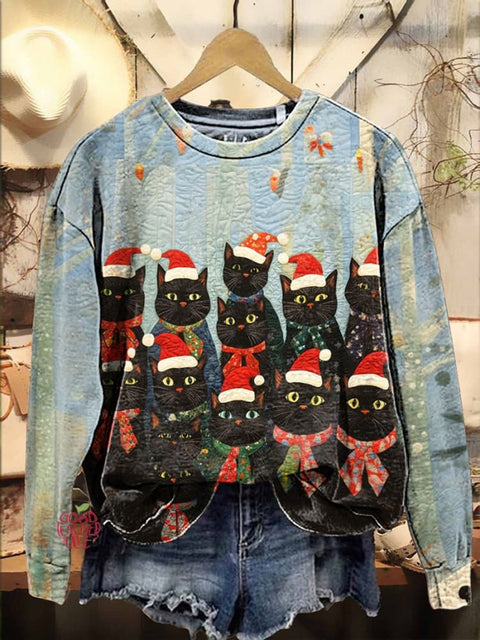 Christmas Black Cat Santa hat patchwork Casual  Sweatshirt