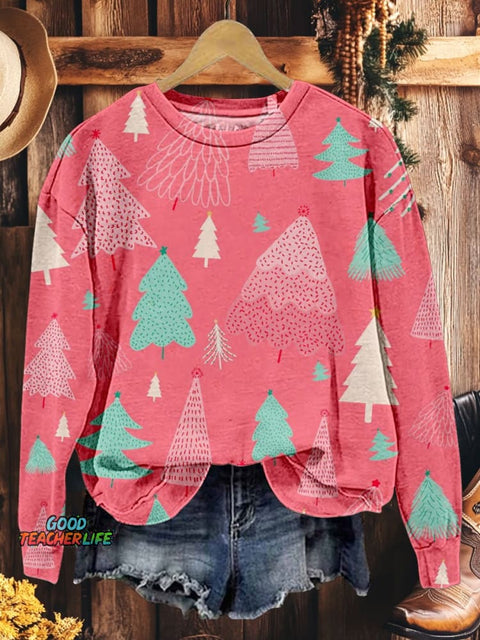 Pink Christmas Tree Holiday Casual Print Sweatshirt