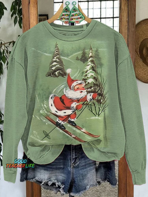 Santa Claus Ski Print Casual Sweatshirt
