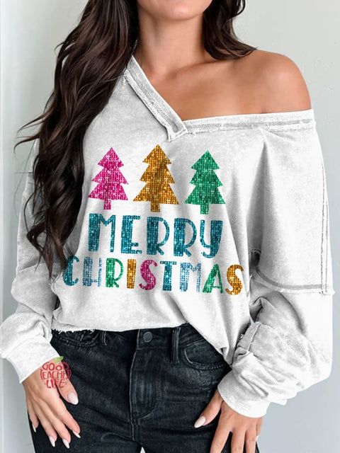 Women's Merry Christmas Print Long Sleeve V-neck Comfortable Cotton Shirt