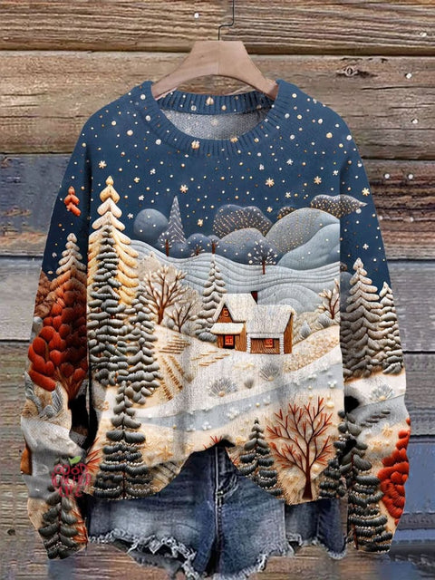 Christmas Art Embroidery 3D Art Print Knit Pullover Sweater