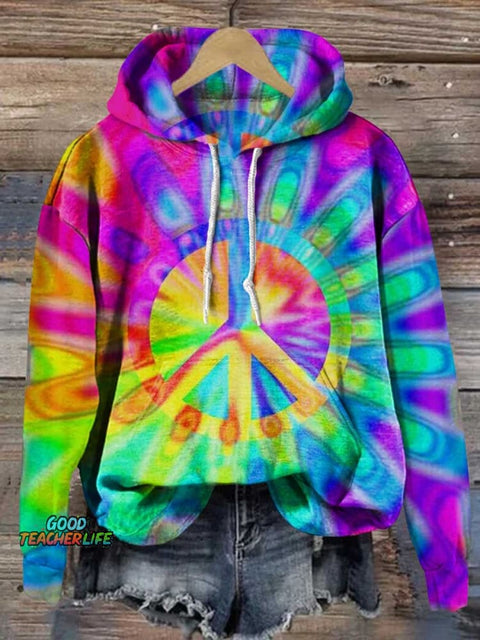 Hippie Peace Sign Love and Peace Rainbow Casual Hoodie Sweatshirt