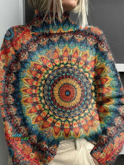 Retro Ethnic Totem Pattern Love and Peace Art Print Knit Turtleneck Pullover Sweater