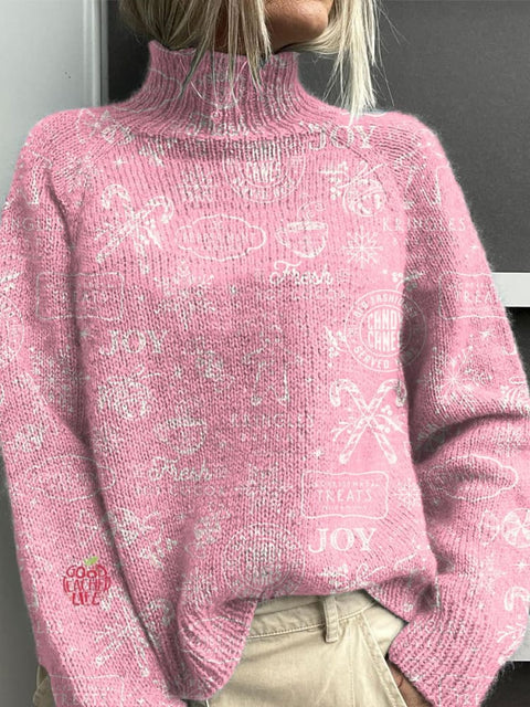 Christmas Gingerbread Man Print Knit Turtleneck Pullover Sweater