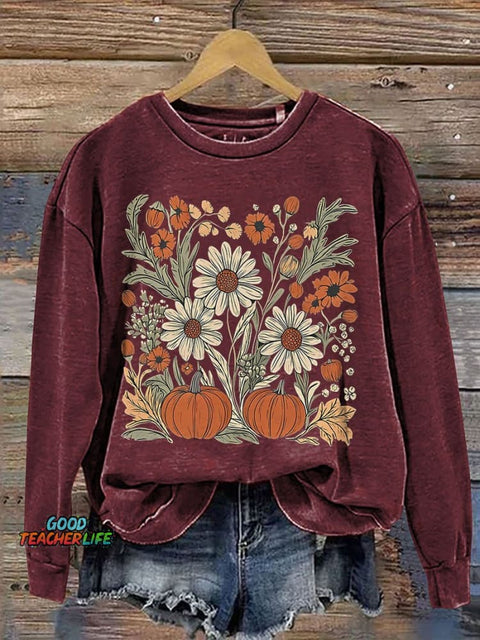 Leopard Pink Pumpkin Boho Floral Fall Casual Print Sweatshirt