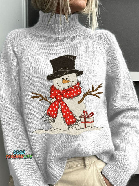 Embroidery Snowman Christmas Art Print Knit Turtleneck Pullover Sweater