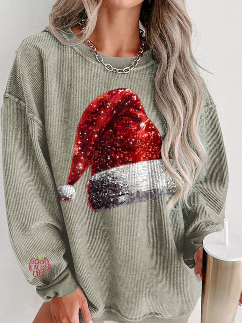 Christmas Glitter Santa Hat Print Women's Casual Sweatshirt