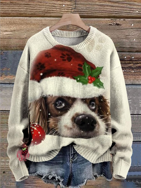 Christmas Dog Print Knit Pullover Sweater