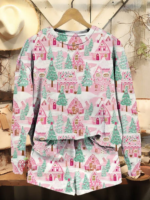 Women's Winter Christmas Print Casual Sweatshirt Shorts Set