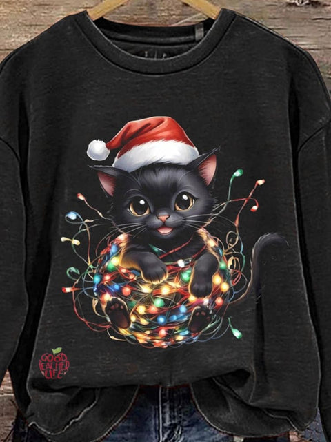 Christmas Black Cat Mood Light Pattern Print Casual Sweatshirt