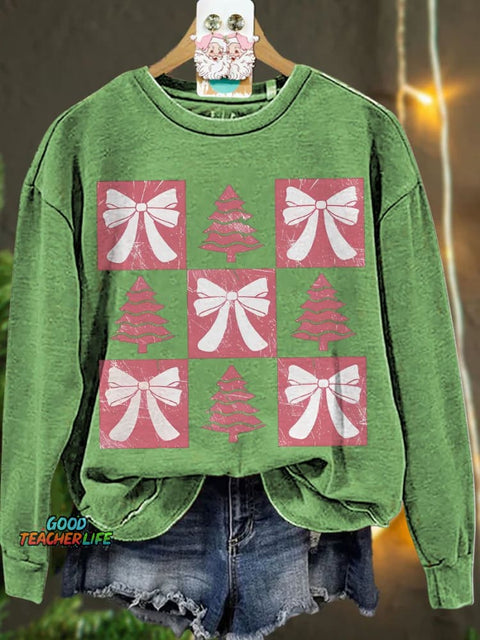 Christmas Retro Checkered Christmas Tree Pink bow Casual  Sweatshirt