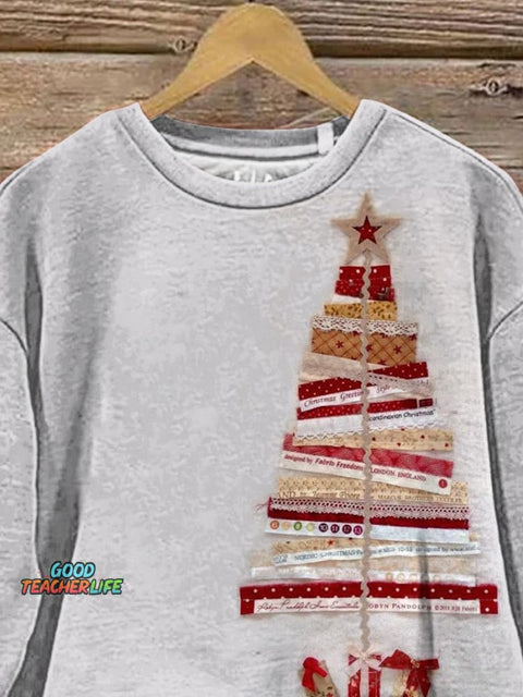 Patchwork Christmas Tree Art Printed Casual Sweatshirt
