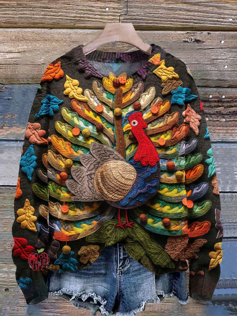 Thanksgiving Turkey Art Print Knit Pullover Sweater