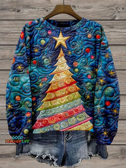 Merry Christmas Christmas Tree Color Block Casual Print Sweatshirt