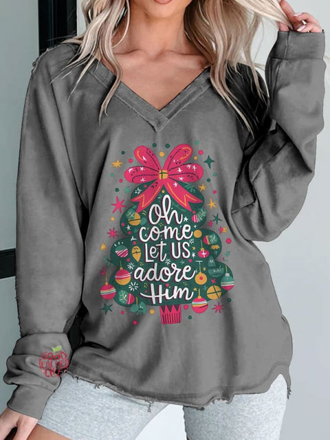 Women's Oh Come Let Us Adore Him Coquette Christmas Tree Print Long Sleeve V-neck Comfortable Cotton Shirt