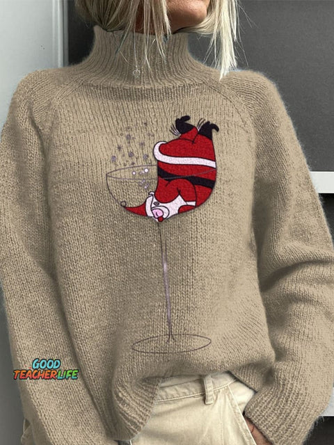 Embroidery   Red Wine Glass Santa  Christmas Art Print Knit Turtleneck Pullover Sweater