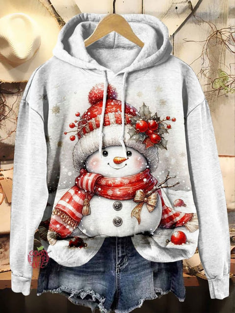 Cute Snowman Christmas Tree Print Casual Hoodie Sweatshirt