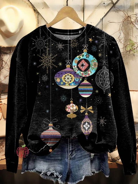 Women's Christmas Patterned Baubles Art Print Casual Crew Neck Sweatshirt