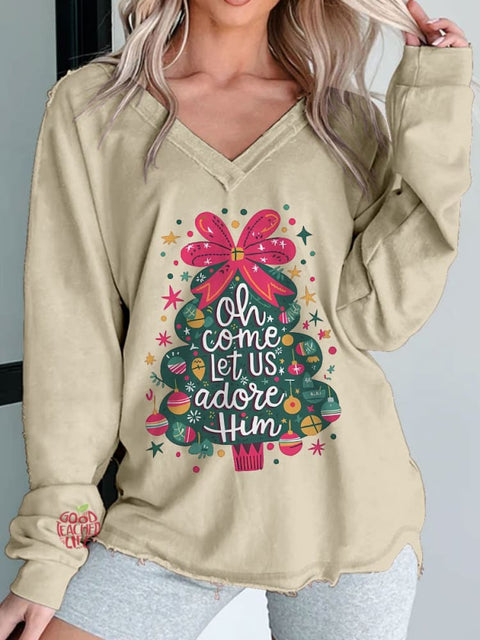 Women's Oh Come Let Us Adore Him Coquette Christmas Tree Print Long Sleeve V-neck Comfortable Cotton Shirt