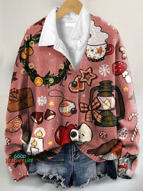 Christmas Pattern Art Print Buttoned V-neck Cardigan Sweater