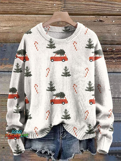 Christmas Candy cane Christmas tree Print Knit Pullover Sweater