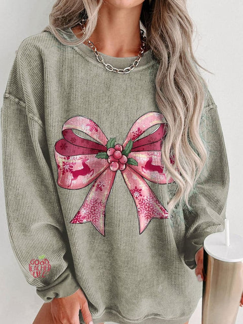 Women's Coquette Christmas Casual Print Corduroy Sweatshirt