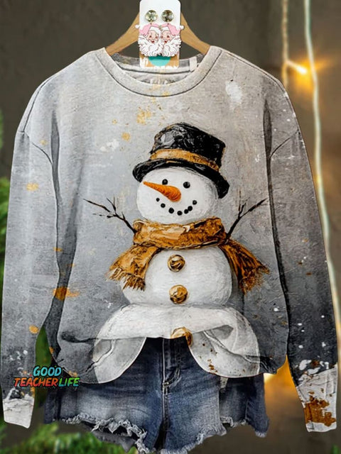 Retro Snowman Christmas Casual Print Sweatshirt