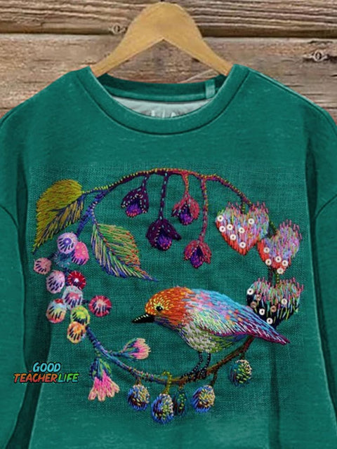 Embroidery Spring Bird And Floral Art Printed Casual Sweatshirt
