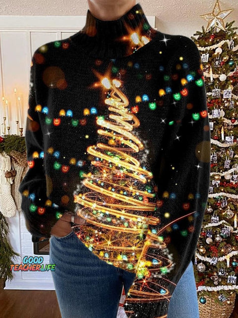 Glitter Christmas Print Knit Turtleneck Pullover Sweater