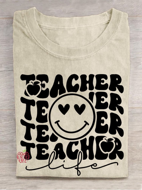 Teacher Life Smiley Face Apple Casual Print T-shirt