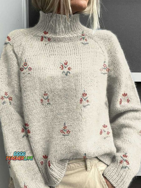 Retro Floral Pattern Print Knit Turtleneck Pullover Sweater