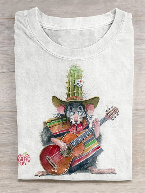 Mexican Style Musician Rat Illustration Printed T-shirt