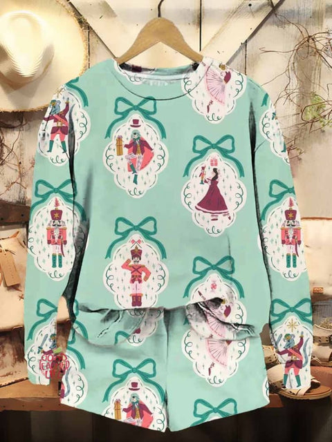 Women's Christmas Nutcracker Art Print Casual Sweatshirt Shorts Set