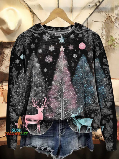Retro Christmas Tree Deer Pattern Casual Sweatshirt