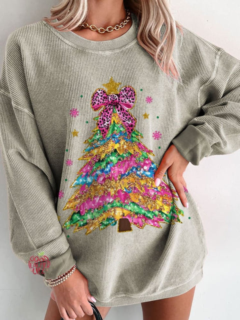 Women's Christmas Colorful Coquette Glitter Christmas Tree Casual Print Sweatshirt