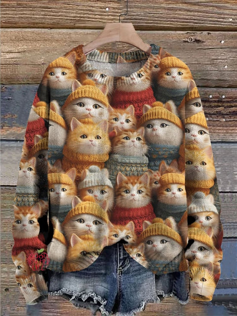 Christmas Cat Print Knit Pullover Sweater