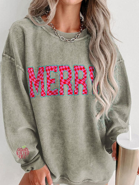 Women's Merry Christmas Checkered Letters Casual Print Corduroy Sweatshirt