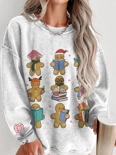 Christmas Teacher Gingerbread Women's  Casual Print Corduroy Sweatshirt