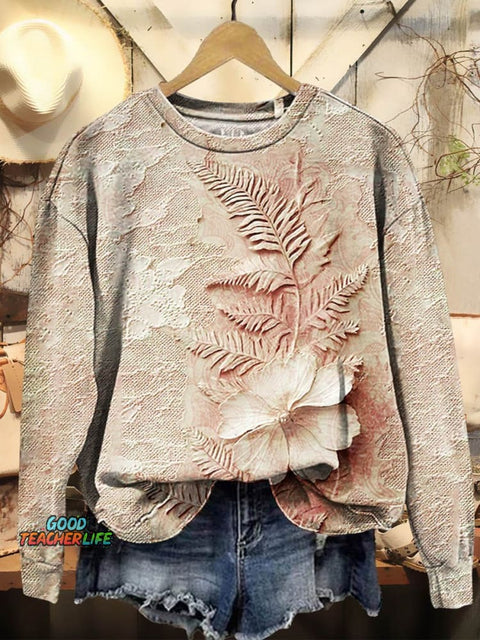 Women's Floral Texture Art Print Casual Crew Neck Sweatshirt