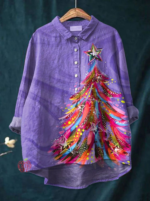 Women's  Magic Christmas Cozy Christmas Tree Print Casual Cotton And Linen Shirt