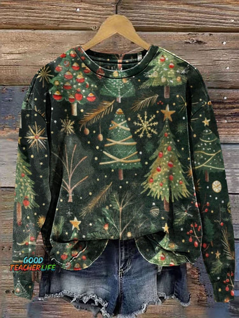 Retro Christmas Tree Art Prrint Casual  Sweatshirt