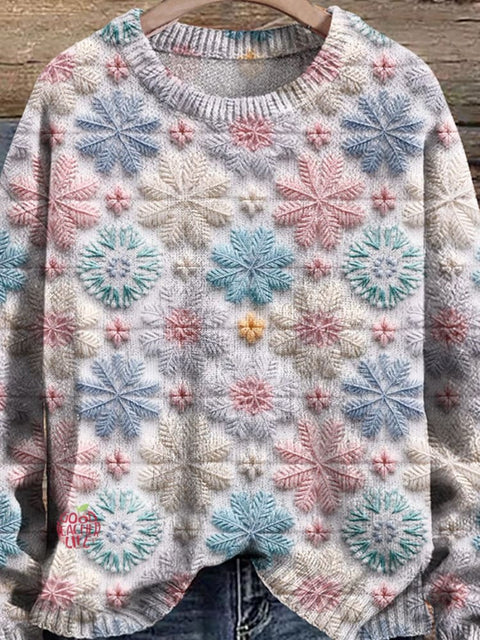 Pastel Snow Snowflakes Cozy Snow Frozen Winter Snowy Christmas Print Knit Pullover Sweater