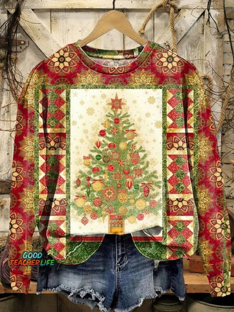 Women's Retro Christmas Tree Art Prints Casual Sweatshirt