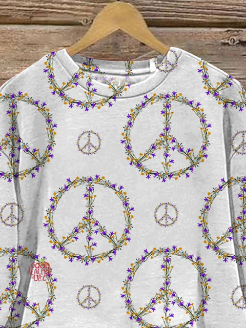 Floral And Peace Sign Graphic Printed Casual Sweatshirt