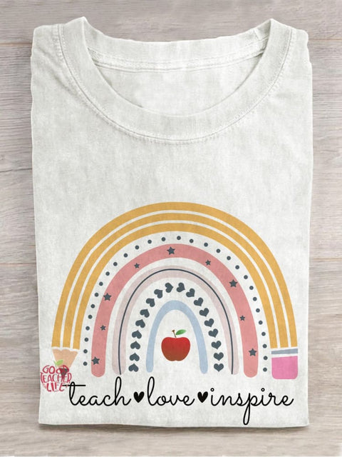 Rainbow Teach Love Inspire Teacher Casual Print T-shirt